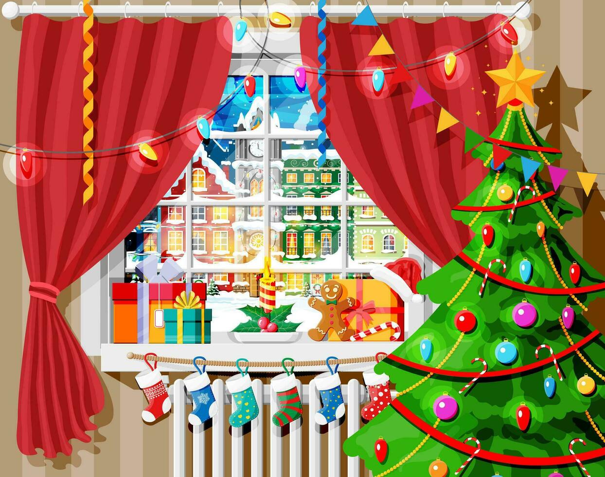 acolhedor interior do quarto com janela. feliz Novo ano decoração. alegre Natal feriado. Novo ano e natal celebração. inverno paisagem, árvore, neve, cidade. desenho animado plano vetor ilustração.