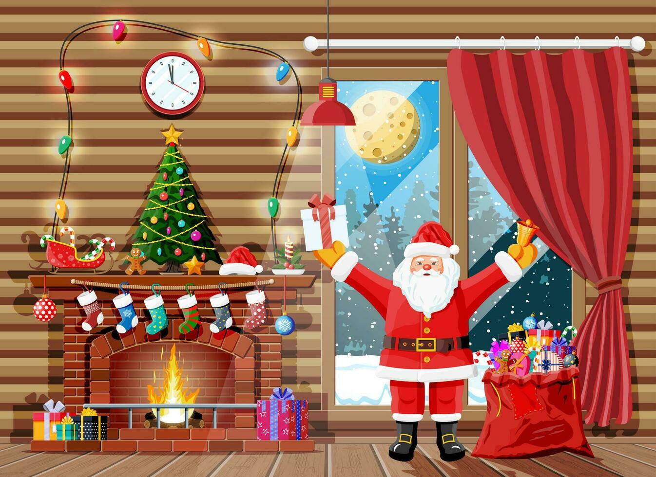 Natal interior do quarto com santa Papai Noel, árvore, janela, presentes, decorado lareira. feliz Novo ano decoração. alegre Natal feriado. Novo ano e natal celebração. vetor ilustração plano estilo