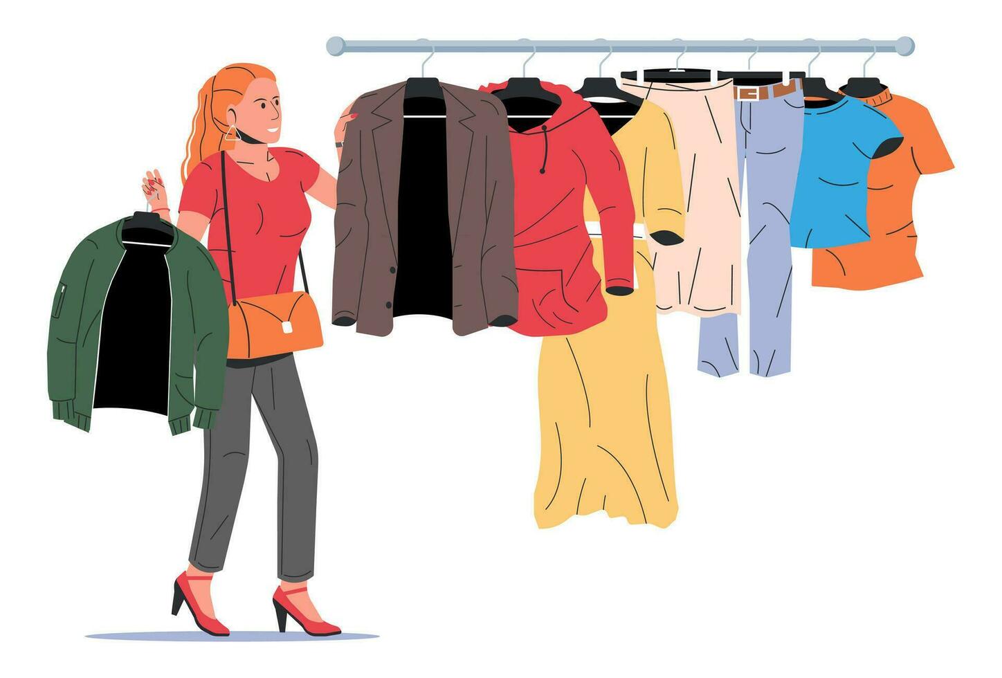 mulher perto prateleira com roupas. mulheres roupas em cabide. casa ou fazer compras guarda-roupa. roupas e acessórios. vários suspensão roupas. jaqueta, camisa, jeans, calça. desenho animado plano vetor ilustração