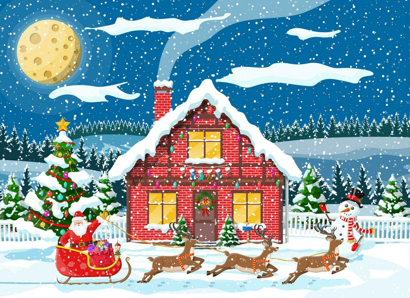 suburbano casa coberto neve. construção dentro feriado ornamento. Natal panorama árvore, boneco de neve, santa trenó renas. Novo ano decoração. alegre Natal feriado natal celebração. vetor ilustração