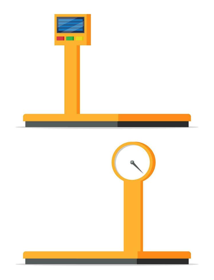 industrial carga peso escalas. peso do bens. logístico e distribuição, parcela pacote, cartão caixas. esvaziar escala isolado em branco. armazém serviço, Entrega. plano vetor ilustração