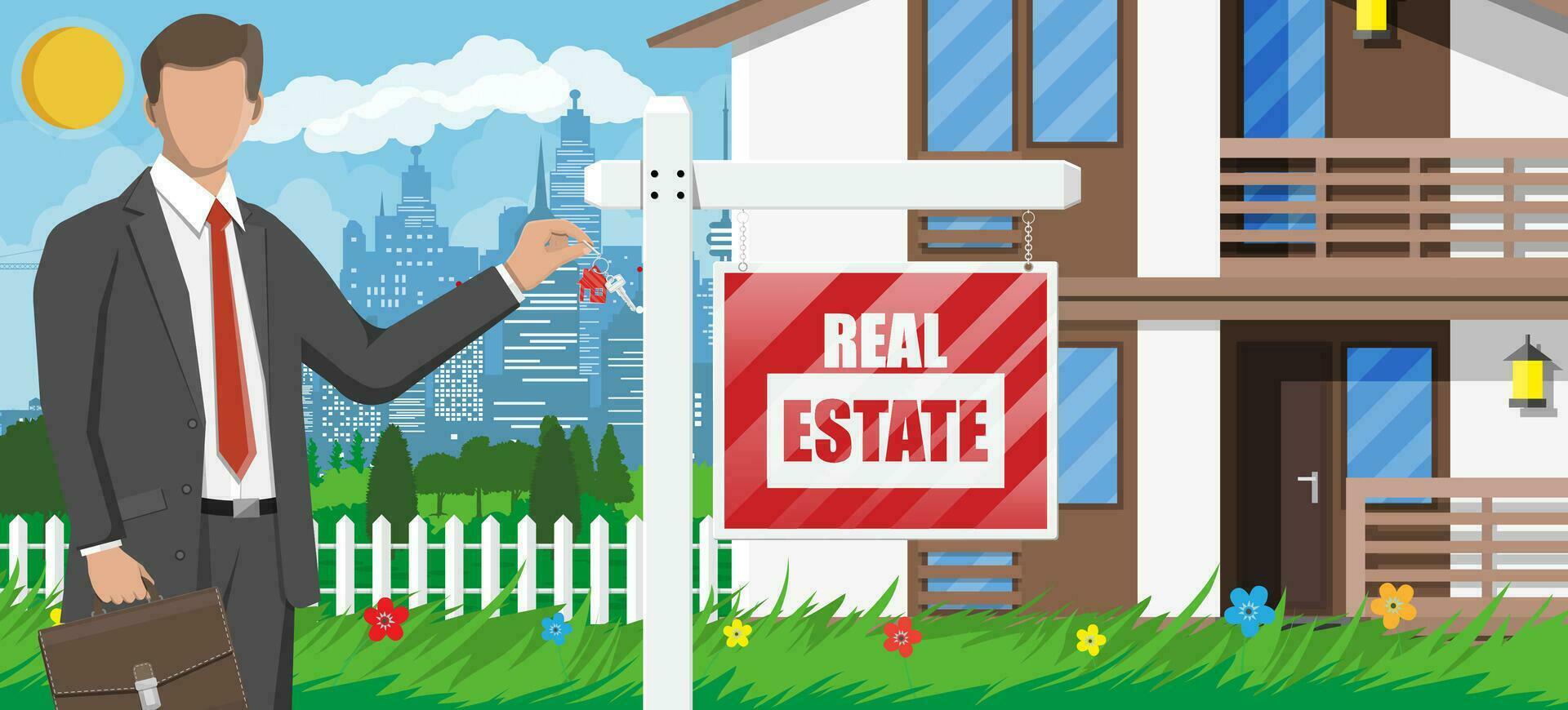 homem de negocios ou corretor de imóveis perto suburbano casa segurando chave. de madeira cartaz com real Estado placa. hipoteca, propriedade e investimento. Comprar vender ou renda realty. plano vetor ilustração