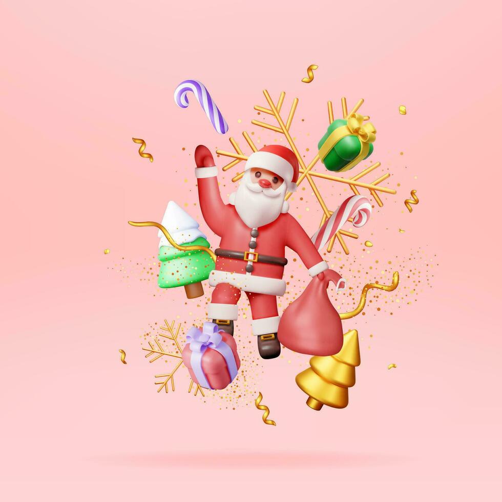 3d santa claus com presente saco e Natal árvore. render feliz Novo ano decoração. alegre Natal feriado. Novo ano e natal celebração. realista vetor ilustração