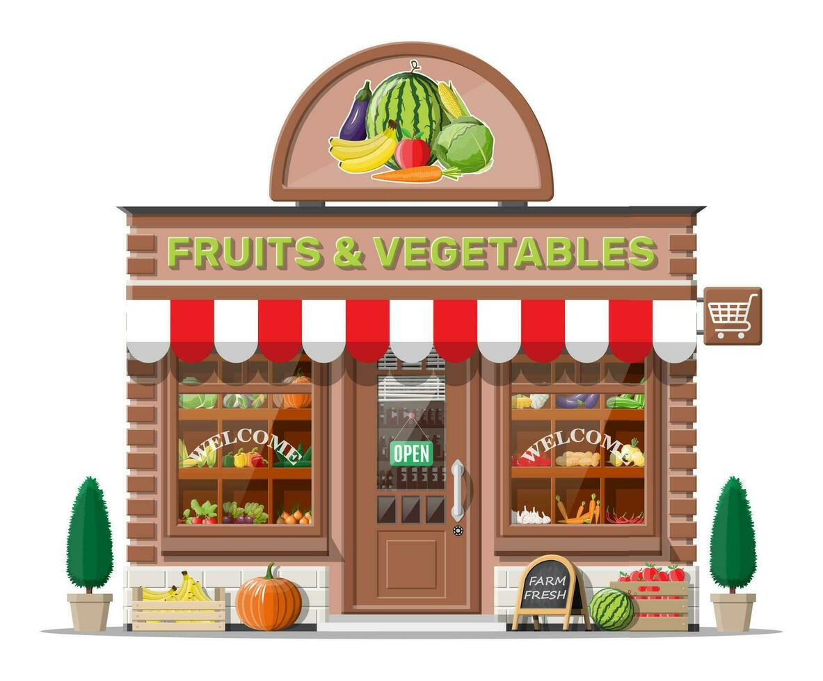 rua tijolo fazer compras construção exterior. fruta e vegetal loja fachada. fresco orgânico Comida produtos. pepino tomate abóbora alho cebola cenoura milho Pimenta banana. vetor ilustração dentro plano estilo