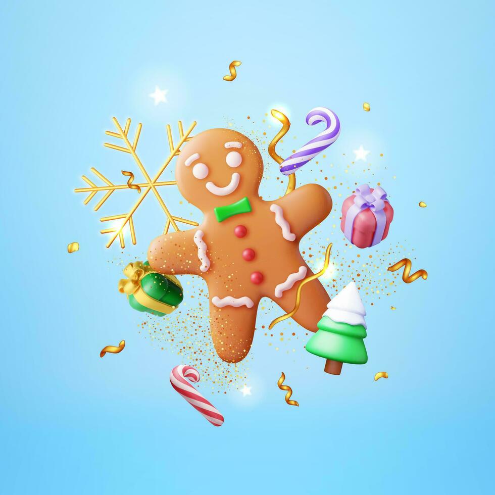 3d feriado Pão de gengibre homem bolacha e confete. render bolacha dentro forma do homem com colori gelo. feliz Novo ano decoração. alegre Natal feriado. Novo ano natal celebração. vetor ilustração