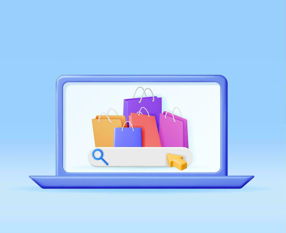 3d computador com compras saco isolado. render realista presente saco e computador portátil. oferta, desconto ou liberação conceito. conectados ou varejo compras símbolo. moda Bolsa. vetor ilustração