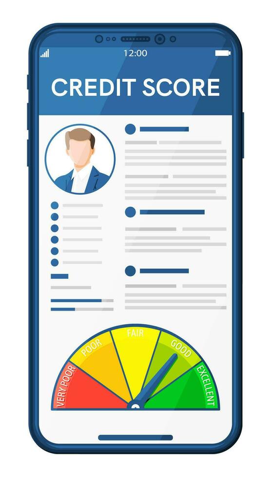 Smartphone com crédito Ponto aplicativo em tela. crédito Ponto indicador e calibre dentro relatório. banco Avaliação medição nível. dívida bancário ferramenta. volta forma com seta. plano vetor ilustração