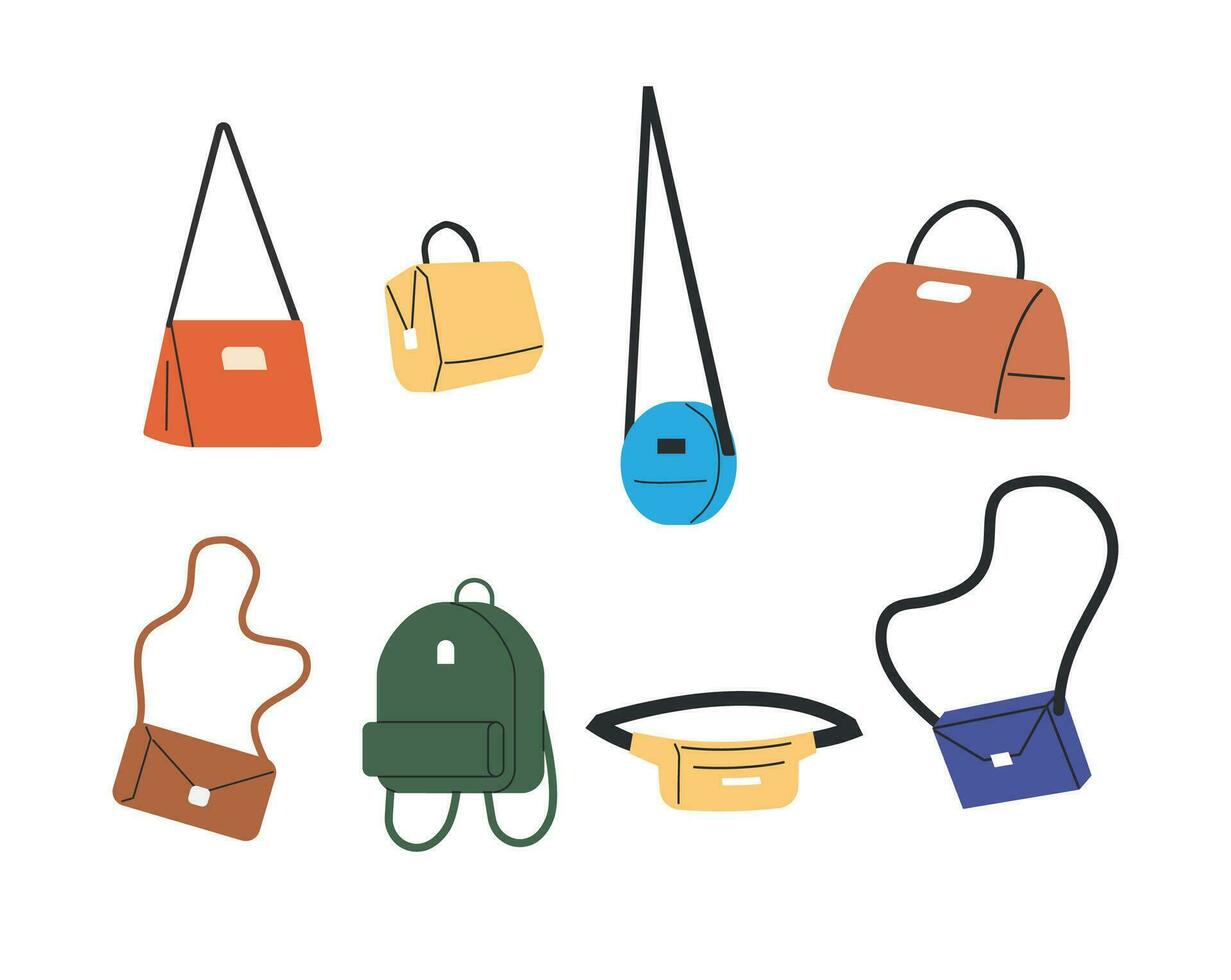 conjunto do diferente bolsas isolado. bolsa, embreagem, cintura, viagem Bolsa e bolsa bolsas. mulher acessórios coleção. diferente fêmea bolsas, lado visualizar. desenho animado plano vetor ilustração