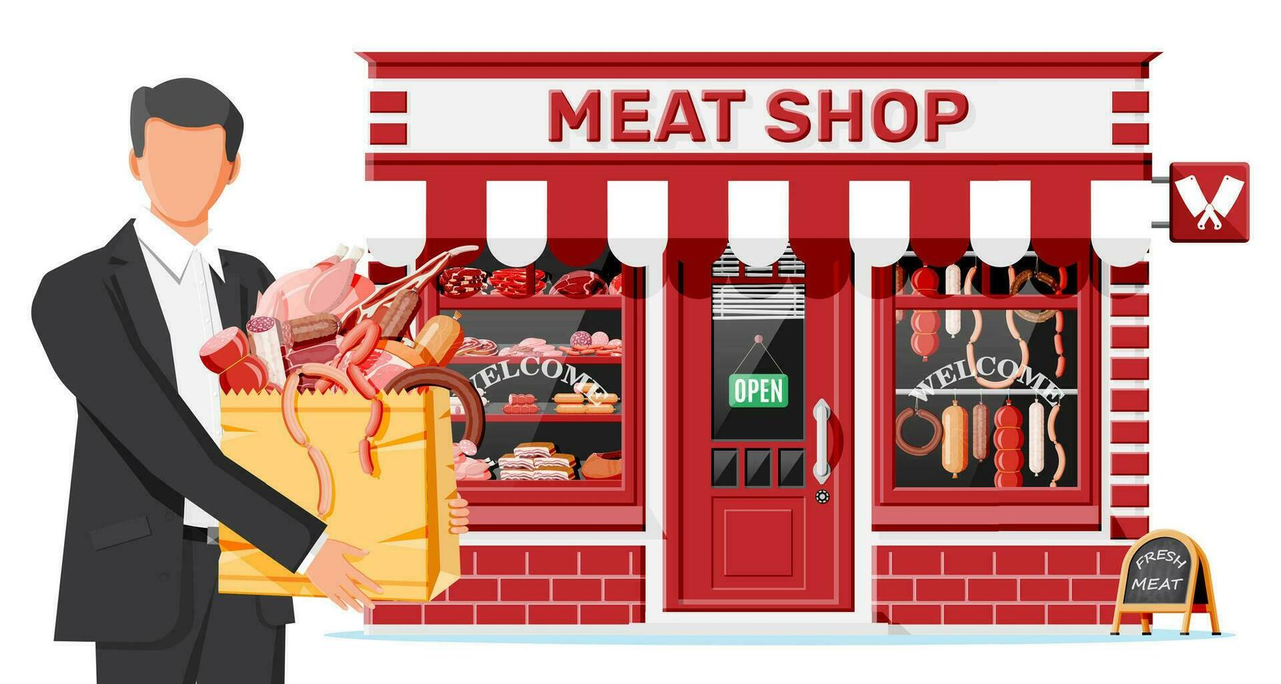 açougueiro fazer compras loja fachada com homem cliente. carne rua mercado. carne loja impedir mostruário contador. linguiça fatias Delicatessen gastronômico produtos do carne carne de porco frango. plano vetor ilustração