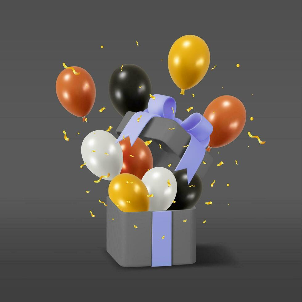 3d Sombrio brilhante presente caixa com balão brilho. render festivo hélio metálico balões bandeira. ouro e Preto cores com dourado confete . aniversário, aniversário, abertura Festa. vetor ilustração