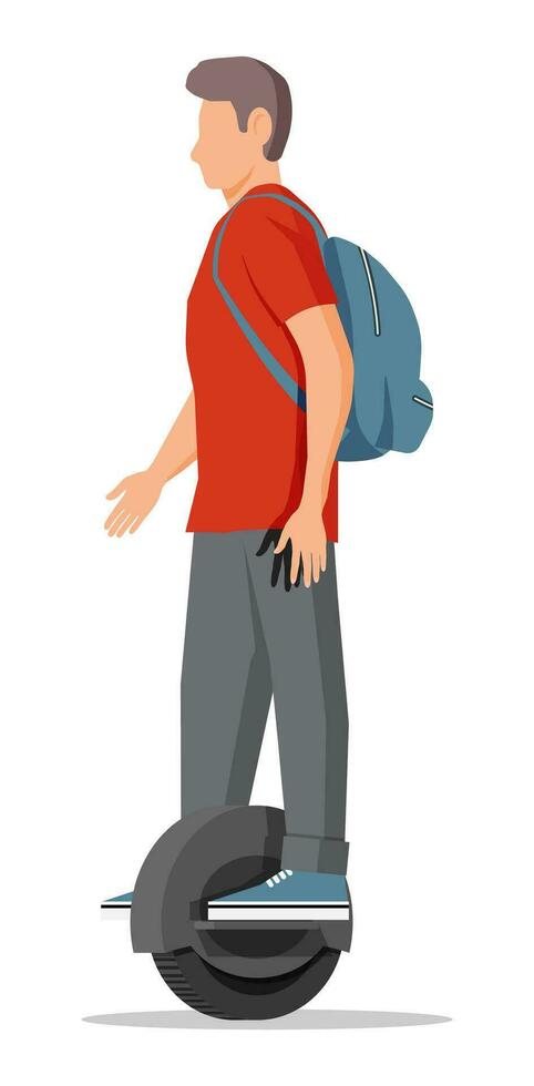 cara em monociclo roda. homem com mochila equitação elétrico auto balanceamento lambreta. hipster personagem usa moderno urbano transporte. ecológico, conveniente cidade transporte. plano vetor ilustração