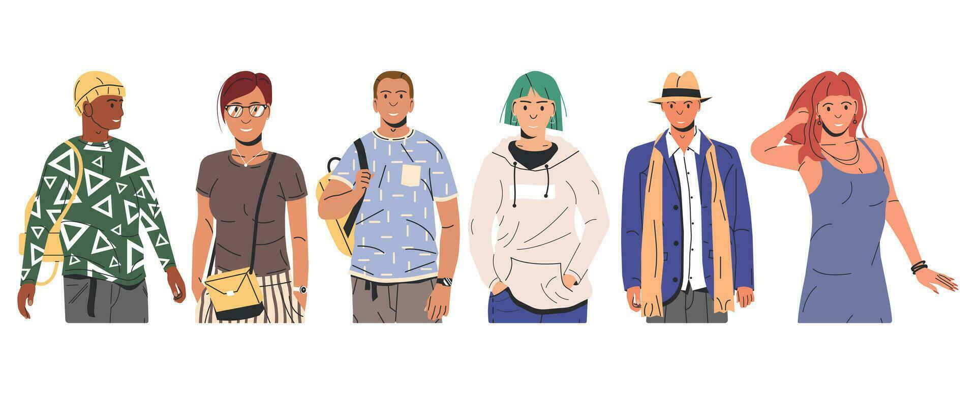 grupo do moda pessoas personagens. jovem homem e mulher dentro na moda equipamento em pé junto. rapazes e meninas com diferente penteados e etnias dentro à moda casual roupas. plano vetor ilustração