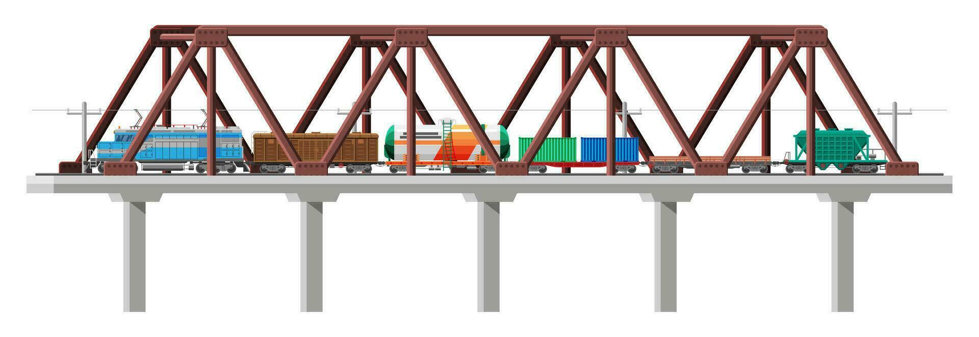 carga trem em ponte. vagões, cisternas, tanques, carros. Ferrovia frete coleção. carro plano, vagão. industrial carruagens em aqueduto, lado visualizar. carga trilho transporte. plano vetor ilustração