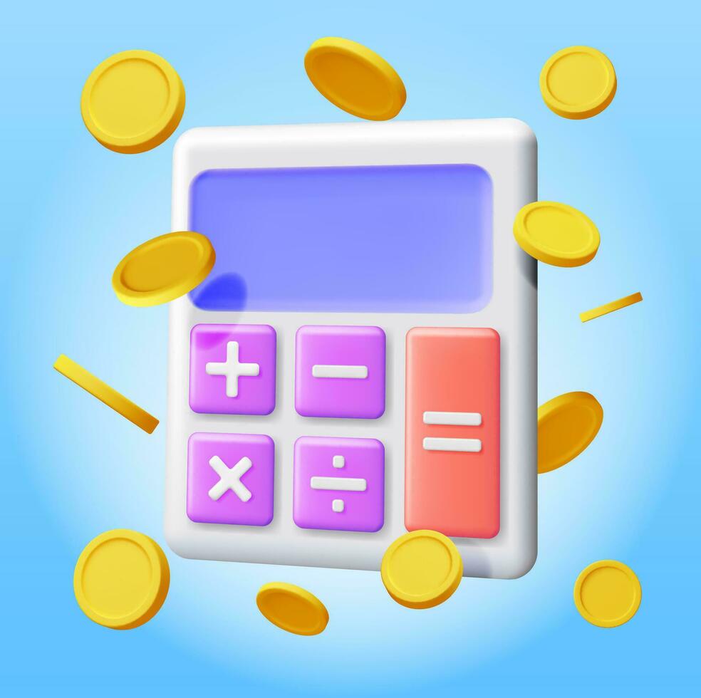 3d moderno calculadora com dourado moedas isolado. matemática ícone. financeiro matemática dispositivo com dinheiro. contando despesas e poupança conceito. dinheiro e impostos, financeiro gerenciamento. vetor ilustração