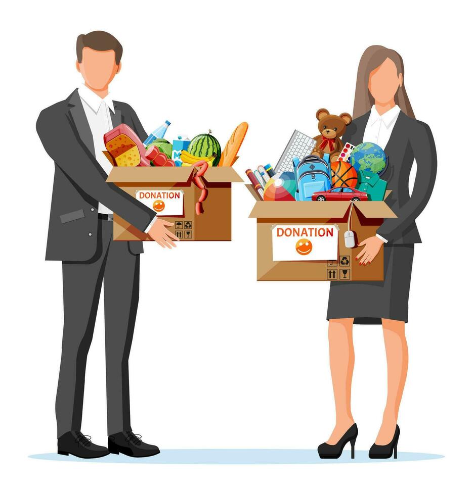 voluntários com cartão doação caixa do comida, brinquedos, livros, roupas e dispositivos. Socorro para crianças, Apoio, suporte para pobre miúdo. doar recipiente. social Cuidado voluntariado, caridade. plano vetor ilustração