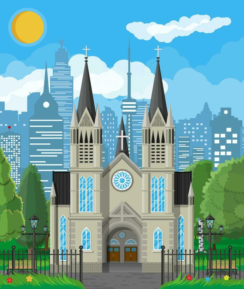 exterior do católico ou protestante Igreja catedral dentro gótico estilo com cerca e árvores atrás. capela. torre com Cruz. parque com paisagem urbana e céu. subúrbio Igreja conceito. plano vetor ilustração