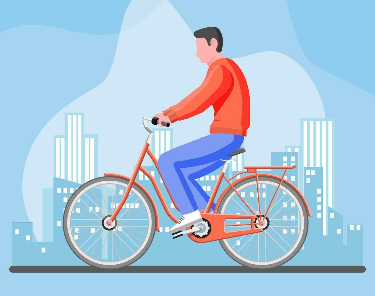 homem em velho cidade bicicleta. cara passeio vintage amarelo bicicleta isolado em branco. urbano transporte veículo. paisagem urbana panorama com prédio. vetor ilustração dentro plano estilo