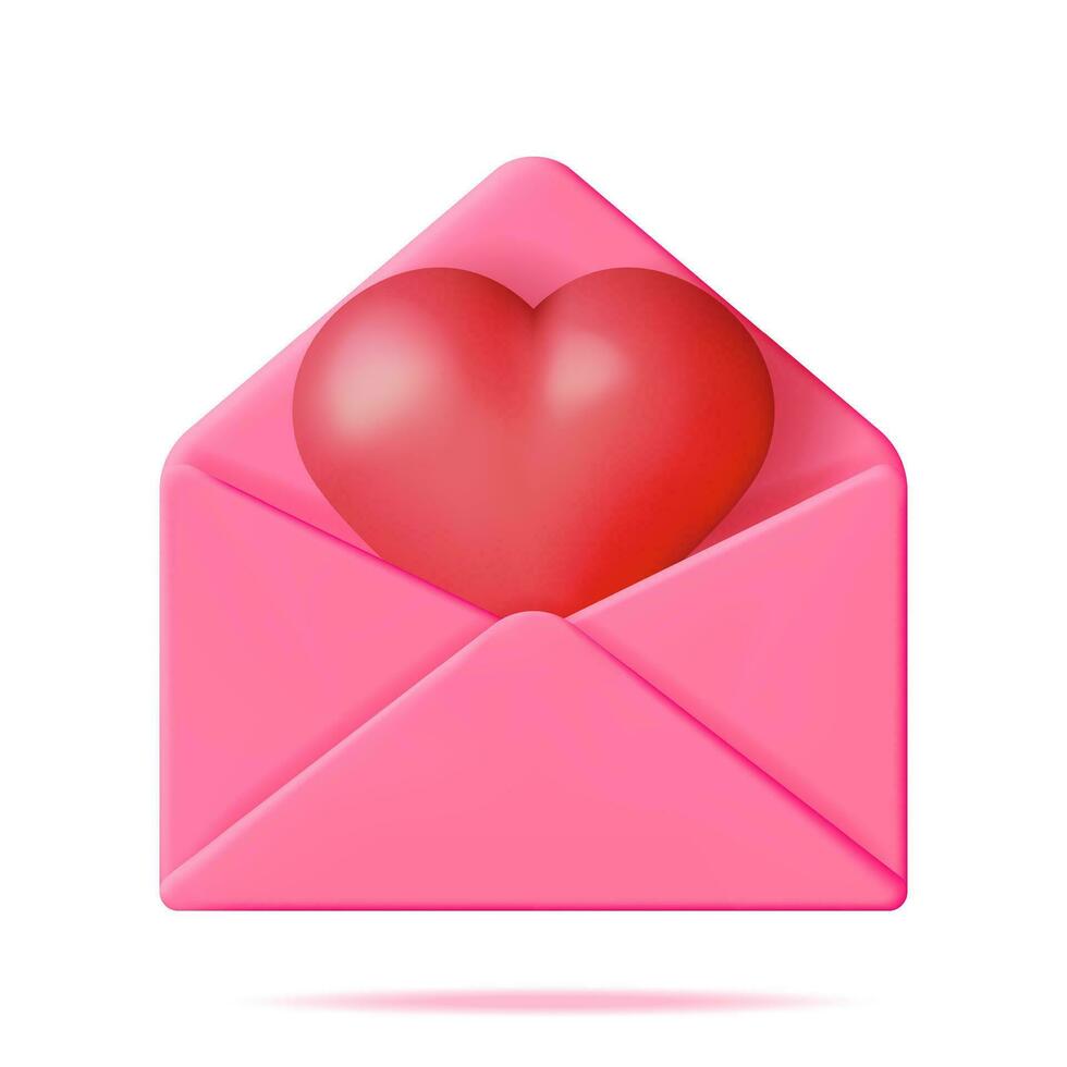 3d aberto envelope carta com vermelho coração isolado. render Rosa enviar com coração dentro. amor símbolo. romance, paixão, casamento, namorados dia celebração decoração cartão. realista vetor ilustração
