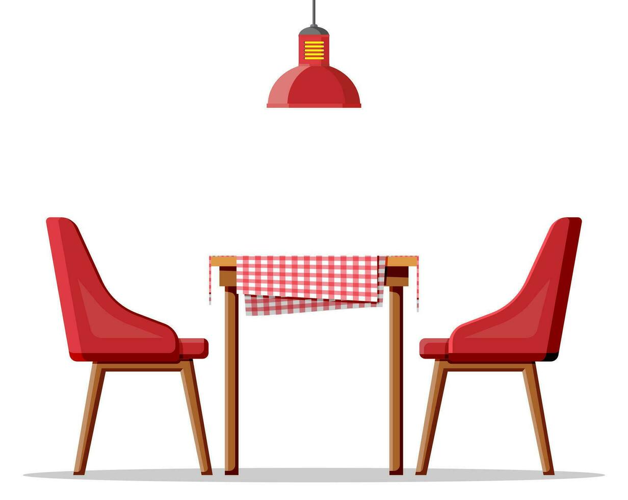 de madeira mesa com toalha de mesa, dois cadeiras e lâmpada. moderno jantar quarto mobília isolado em branco. casa, cafeteria ou restaurante. desenho animado plano vetor ilustração.