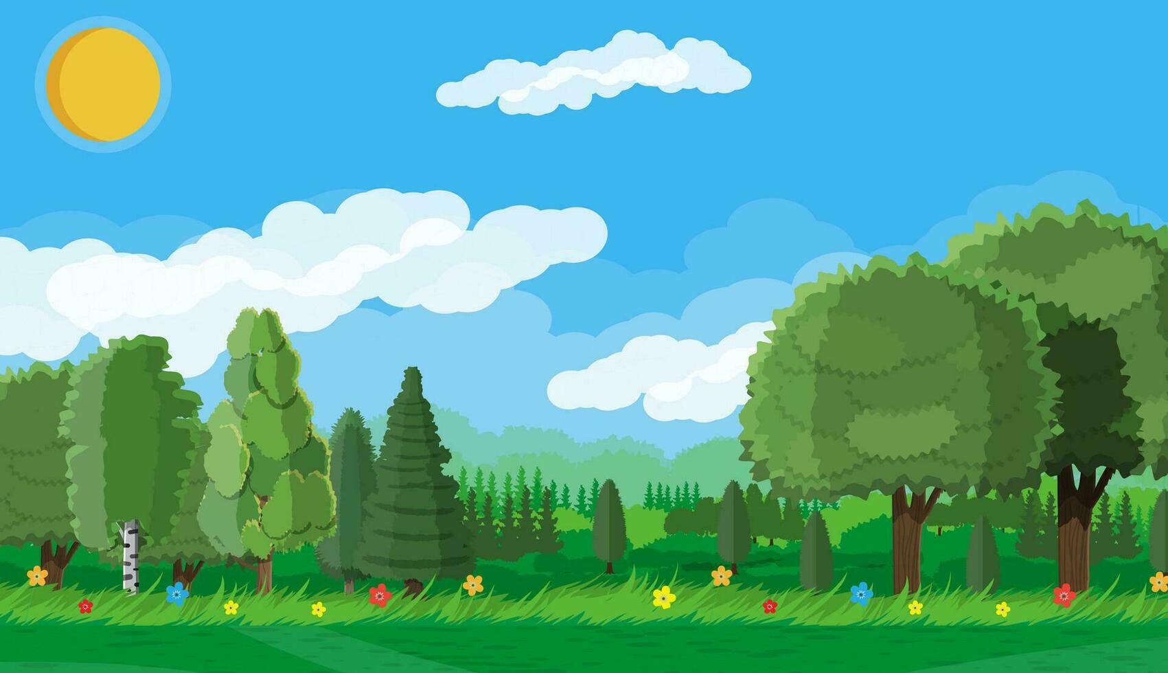 verão panorama conceito. verde floresta e azul céu. campo rolando colinas. colinas, flores árvores em a horizonte. vetor ilustração dentro plano estilo