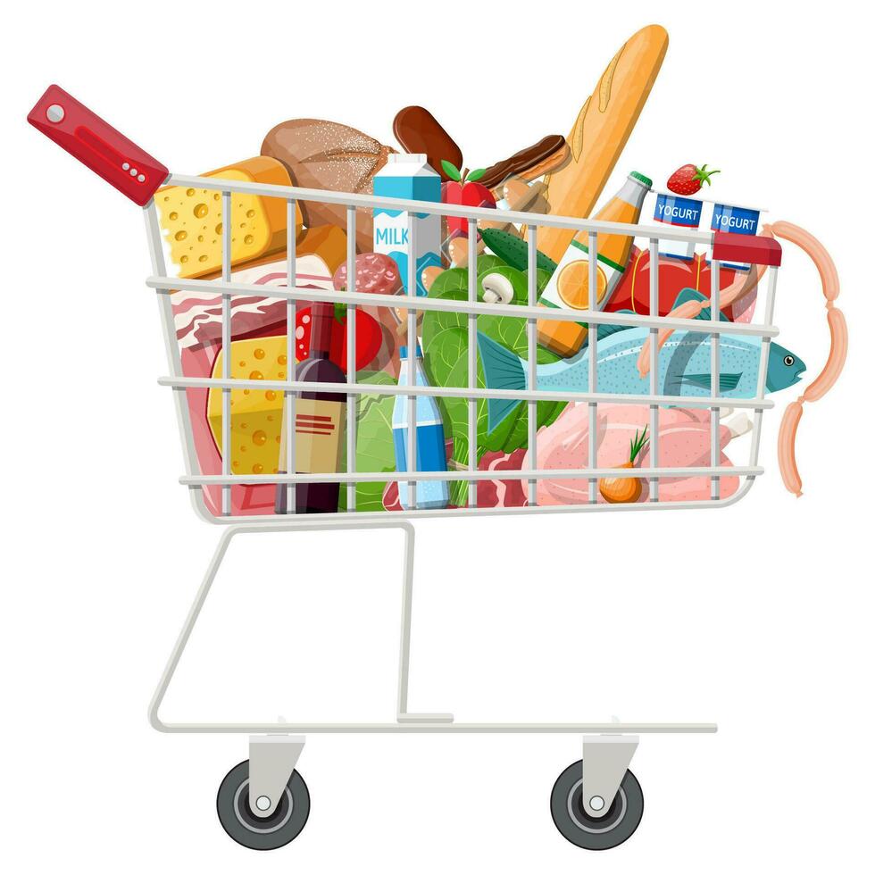 compras carrinho com fresco produtos. mercearia loja supermercado. Comida e bebidas. leite, vegetais, carne, frango queijo, salsichas, salada, pão cereal bife ovo. vetor ilustração plano estilo