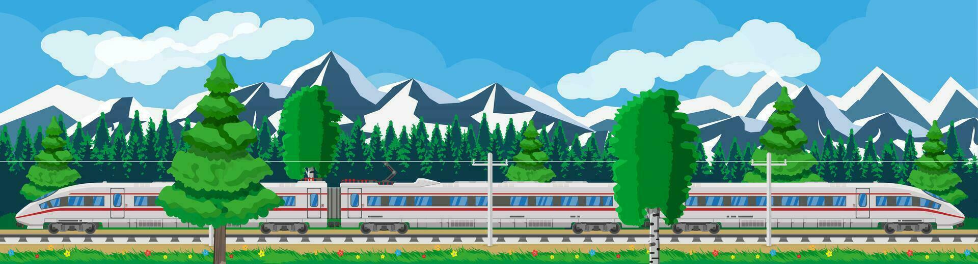 Alto Rapidez trem e verão panorama com montanhas. super simplificado trem. passageiro expressar estrada de ferro locomotiva. Ferrovia público transporte. rápido transporte conceito. plano vetor ilustração