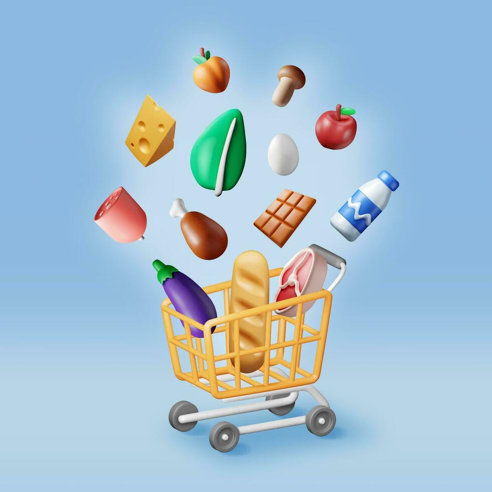 3d compras carrinho com fresco produtos. render mercearia loja, supermercado. Comida e bebidas. leite, vegetais, carne frango, queijo, salsicha, salada, pão chocolate ovo. vetor ilustração