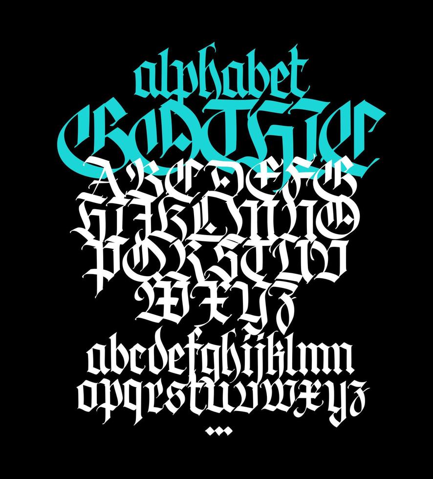 alfabeto gótico completo. letras maiúsculas e minúsculas em um fundo preto vetor