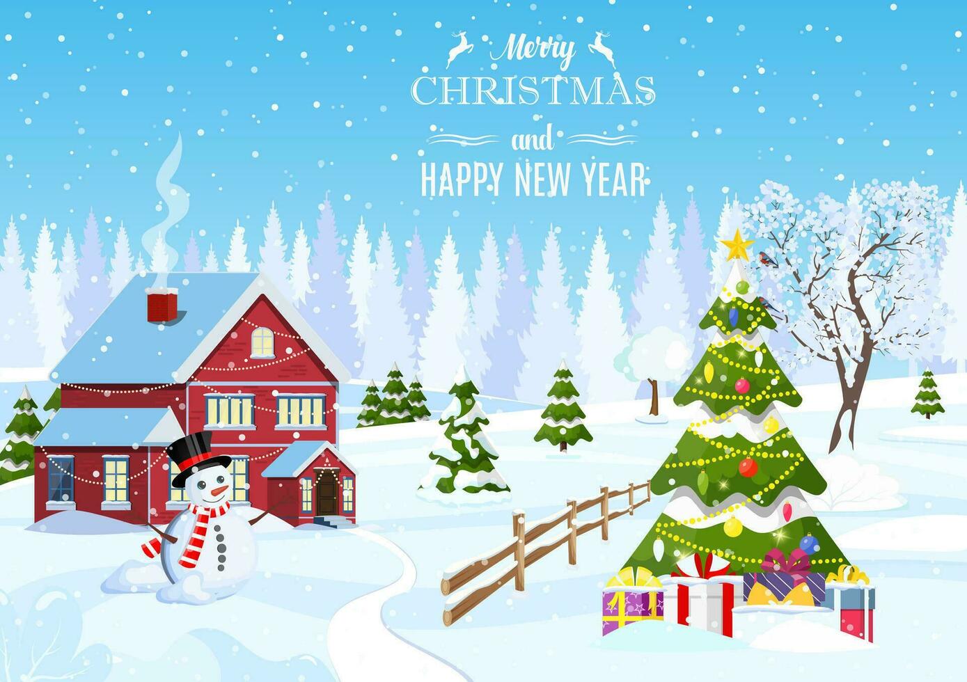 suburbano casa coberto neve. construção dentro feriado ornamento. Natal panorama árvore abeto, boneco de neve. feliz Novo ano decoração. alegre Natal feriado. Novo ano natal celebração. vetor ilustração