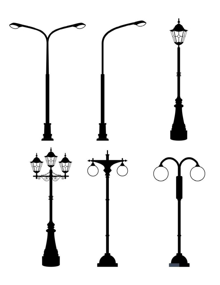 velho rua lâmpadas conjunto dentro monocromático estilo. ilustrações isolar. urbano lanterna iluminação pública clássico. vetor ilustração dentro plano estilo