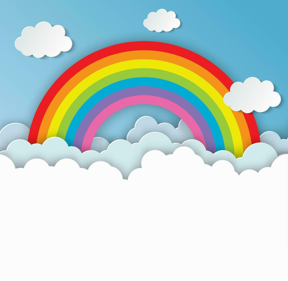 nuvem e arco Iris dentro a azul céu com papel arte estilo a conceito é verão temporada. fundo para crianças quarto, bebê quarto decoração. vetor ilustração