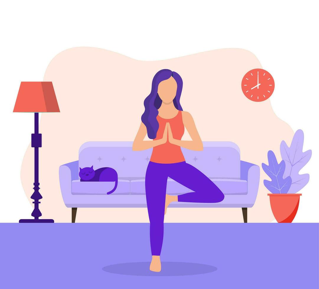 jovem mulher mulher fazendo ioga dar certo. conceito do meditação, a saúde benefícios para a corpo. começo e a procurar para Ideias. fique casa conceito. vetor ilustração dentro plano estilo