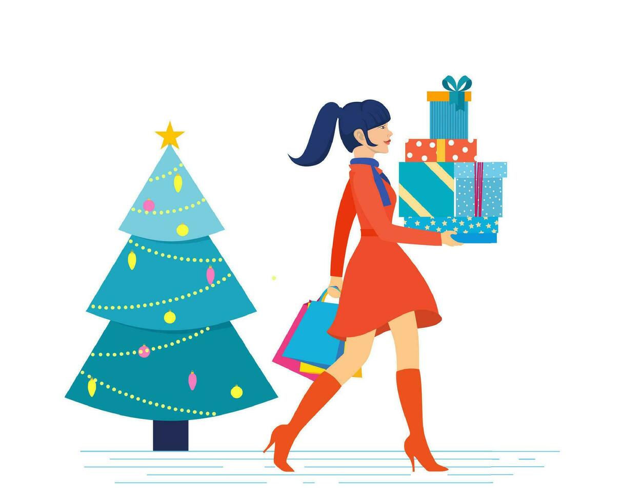 mulher com compras bolsas andando. alegre Natal oferta. vetor ilustração dentro plano estilo.