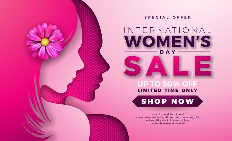 Womens Day Sale design com silhueta de rosto de mulher bonita vetor