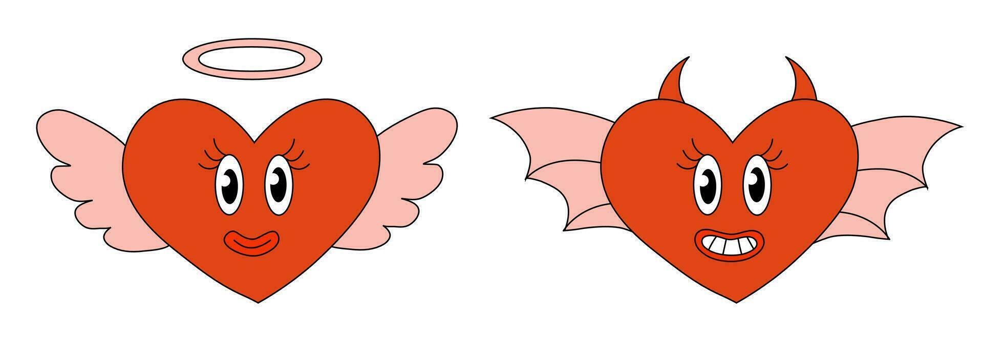 conjunto corações personagens para namorados dia. corações anjo e demônio. mascote dentro groovy e ano 2000 estilo. vetor desenho animado ilustração.