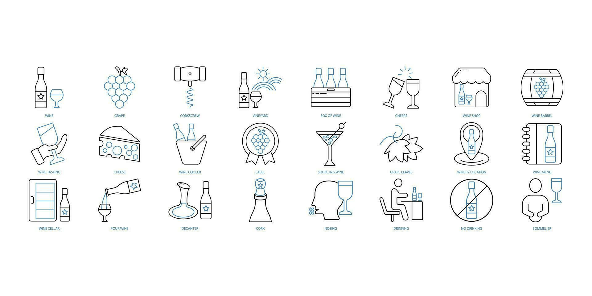 vinho ícones definir. conjunto do editável acidente vascular encefálico icons.vector conjunto do vinho vetor