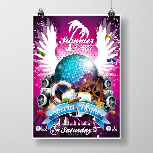 Vector verão praia festa Flyer Design com bola de discoteca