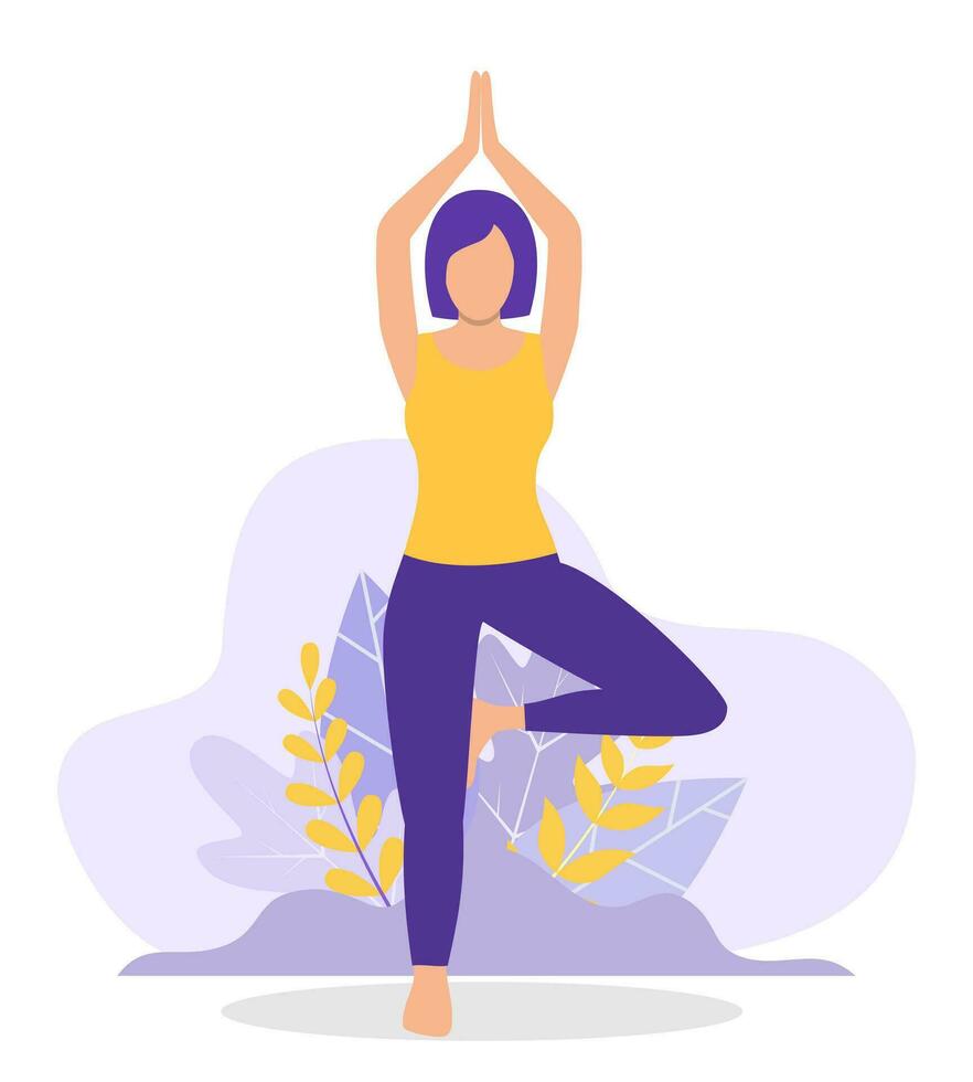 jovem mulher mulher fazendo ioga dar certo. conceito do meditação, a saúde benefícios para a corpo, mente e emoções. começo e a procurar para Ideias. vetor ilustração dentro plano estilo