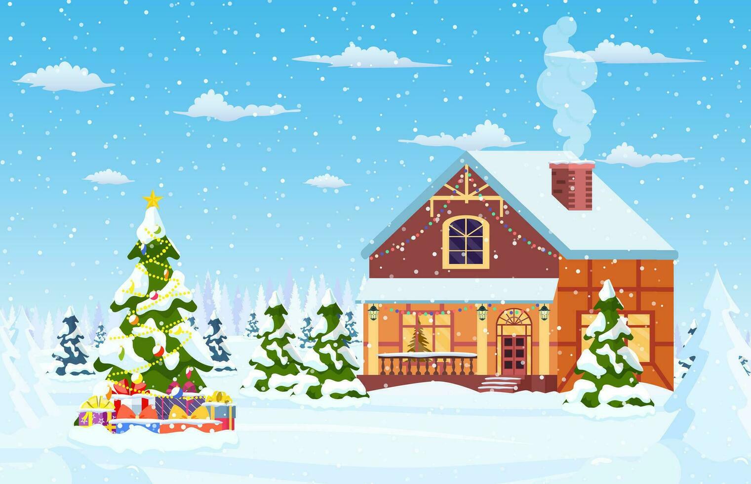 suburbano casa coberto neve. construção dentro feriado ornamento. Natal panorama árvore abeto. feliz Novo ano decoração. alegre Natal feriado. Novo ano natal celebração. vetor ilustração