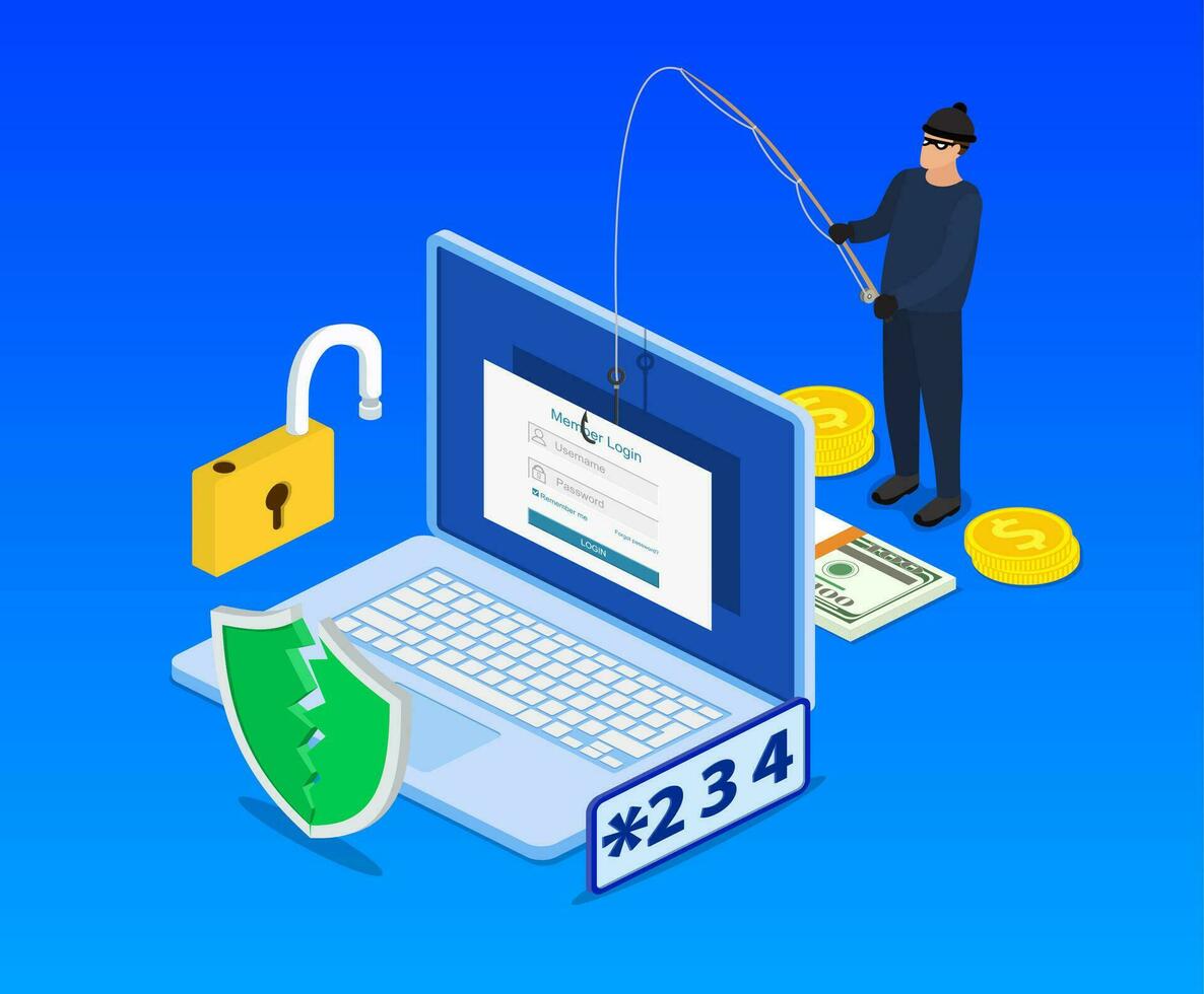 isométrico Conecte-se para dentro conta e pescaria gancho. Internet phishing, hackeado Conecte-se e senha.computador Internet segurança conceito. anti vírus, spyware, malware. vetor ilustração dentro plano estilo