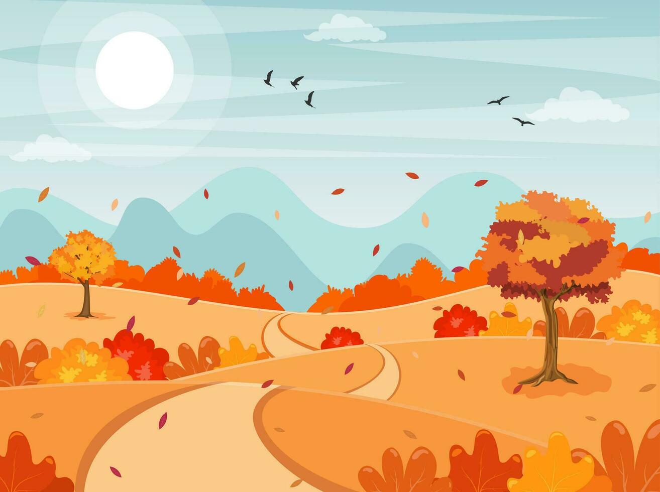 outono outono desenho animado panorama fundo. árvores e colinas em a simples. vetor ilustração dentro plano estilo.