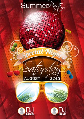 Vector verão praia festa Flyer Design com bola de discoteca e óculos de sol