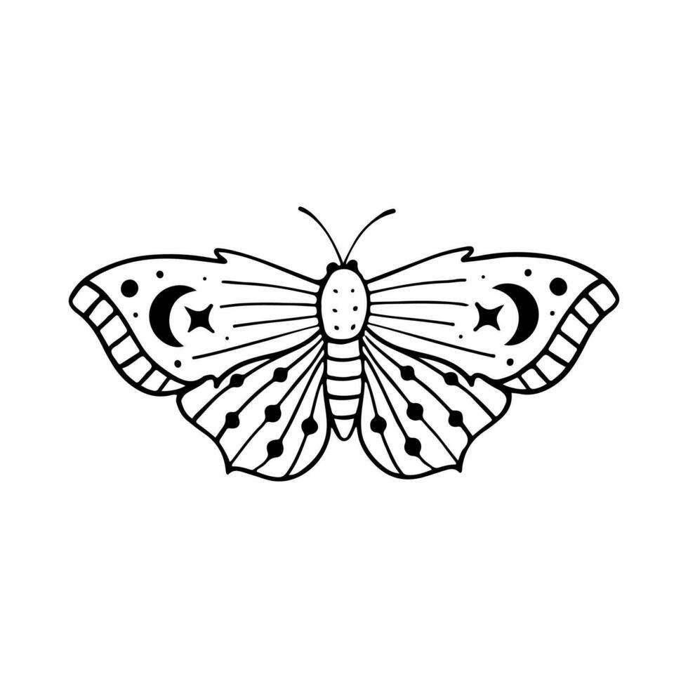 celestial borboleta rabisco ilustração. mão desenhado lindo linha arte borboleta tatuagem. isto boho borboleta estão Boa para Projeto do místico projeto, cartão e poster fazendo, decoração roupas, etc vetor