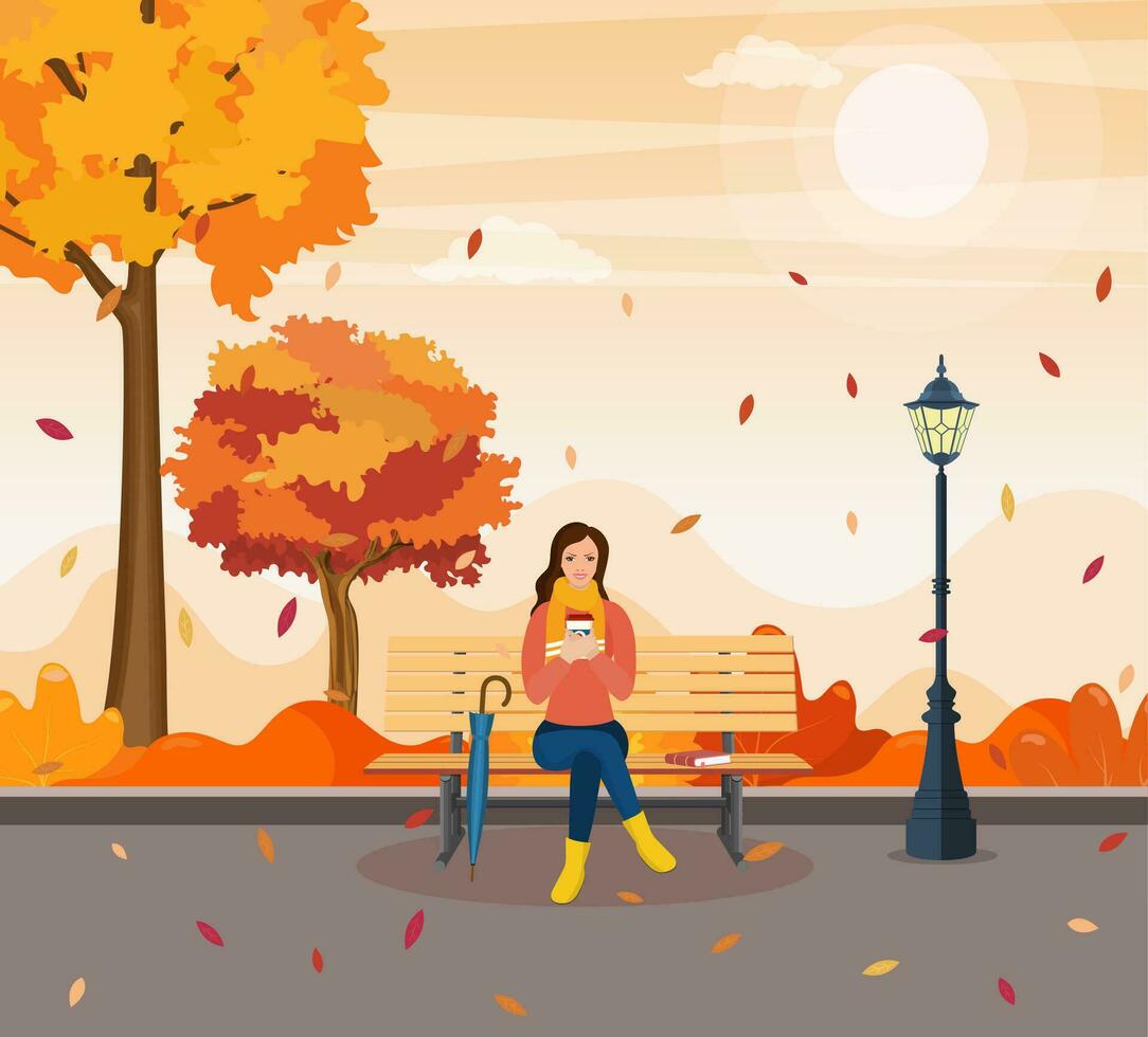 feliz menina sentado em uma Banco com uma copo do café, debaixo uma árvore com queda folhas dentro uma parque. lindo outono cidade parque com banco. vetor ilustração dentro plano estilo