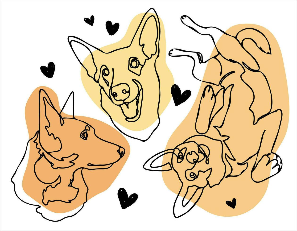 conjunto do feliz cachorro retratos dentro contínuo linha arte desenhando estilo. Preto linear esboço em colorida fundo dentro mínimo estilo. vetor ilustração