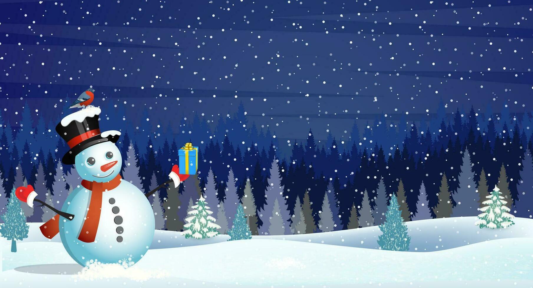 vetor ilustração do uma fofa boneco de neve. Natal panorama às noite. conceito para cumprimento ou postal cartão. Novo ano e Natal inverno panorama fundo