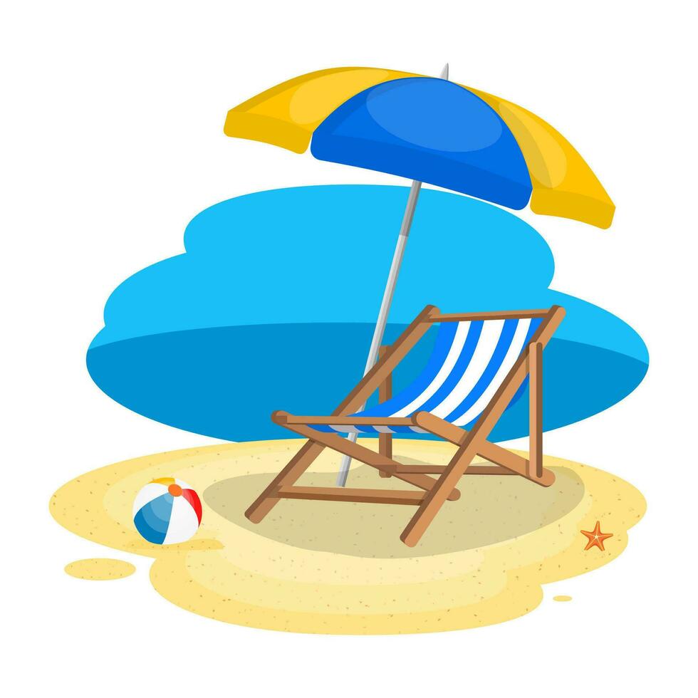 guarda-chuva e Sol espreguiçadeira em a de praia. de praia cadeira com mar em tropical fundo. vetor ilustração dentro plano estilo