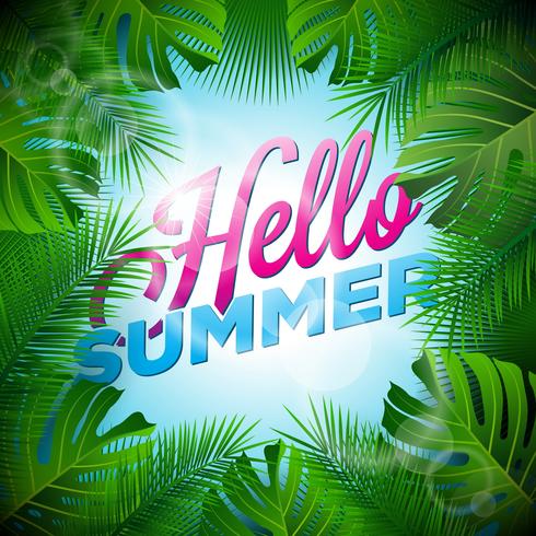 Ilustração tipográfica das férias de verão do vetor olá! Com plantas tropicais e luz solar na luz - fundo azul.