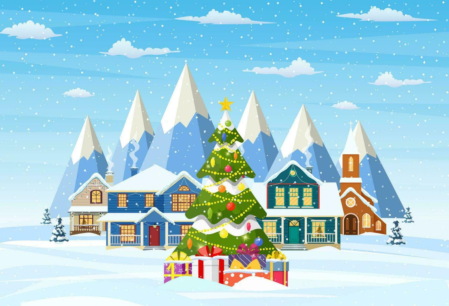 suburbano casa coberto neve. construção dentro feriado ornamento. Natal panorama árvore. Novo ano decoração. alegre Natal feriado natal celebração. vetor ilustração plano estilo