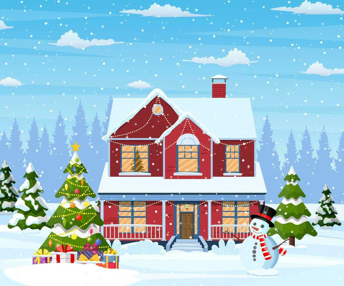 suburbano casa coberto neve. construção dentro feriado ornamento. Natal panorama árvore, boneco de neve. Novo ano decoração. alegre Natal feriado natal celebração. vetor ilustração plano estilo